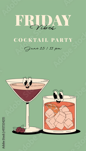 Retro Groovy Party Invitation. Funky cocktail characters Tini espresso martini and negroni. Vintage Friday vibes. Summer vector vertical poster