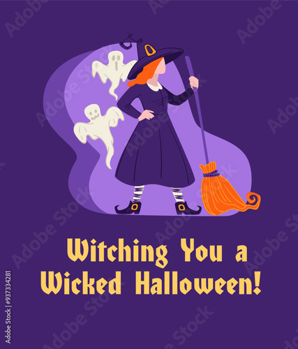 Witch with Broom and Ghosts