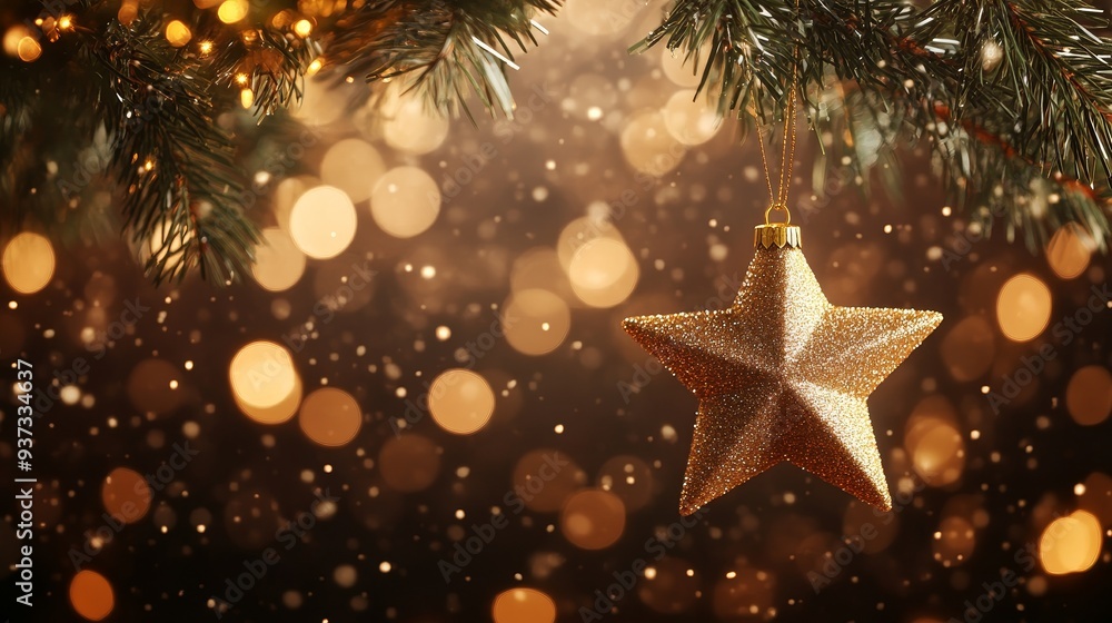 A golden star ornament dipped in chocolate, hanging on a pine branch, against a rich brown velvet background, cinematic lighting, bokeh effect A golden star ornament dipped in chocolate, hanging on a pine branch, against a rich brown velvet background, cinematic lighting, bokeh effect