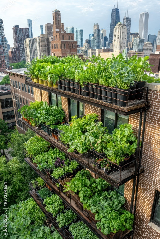 Fototapeta premium Serene Urban Oasis: Rooftop Garden Blooms with Sustainable Vegetation for City Living