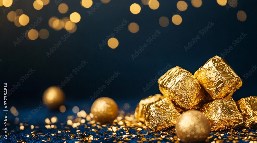A pile of gold-wrapped chocolates surrounded by sparkling gold Christmas decorations, on a deep blue velvet backdrop. Rich texture, hyper-realistic, macro photography A pile of gold-wrapped chocolates surrounded by sparkling gold Christmas decorations, on a deep blue velvet backdrop. Rich texture, hyper-realistic, macro photography