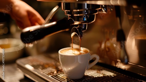 Close up of woman hand holding a cup of dirty latte before drink it.,,,generative ai