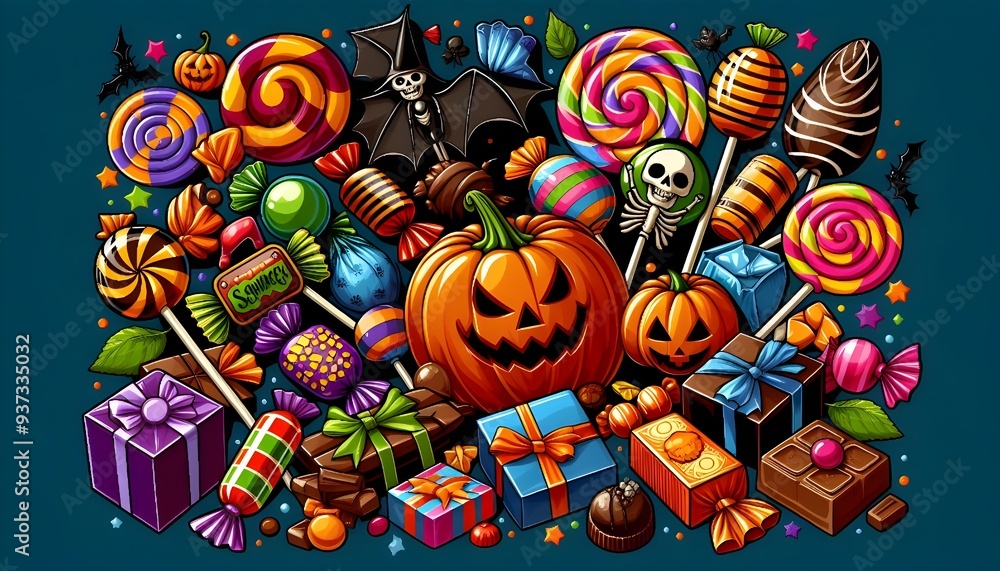 Halloween candy assortment with wrapped candies lollipops and chocolates Halloween candy assortment with wrapped candies lollipops and chocolates