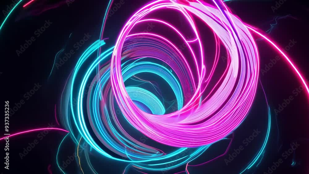 Exploring vibrant neon spiral patterns with dynamic light effects in a dark environment Exploring vibrant neon spiral patterns with dynamic light effects in a dark environment