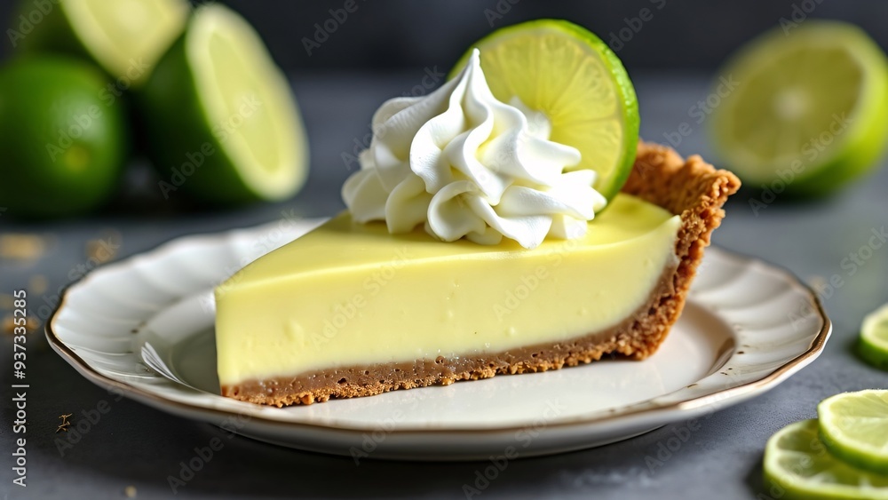 Key lime pie slice with limes Key lime pie slice with limes