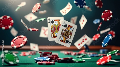 A dramatic display of poker cards and chips flying through the air, capturing the excitement of a winning moment