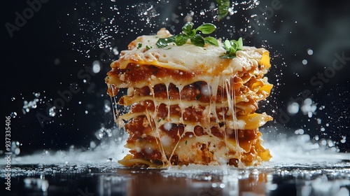 A fresh lasagna half suspended in mid-air, with droplets of marinara sauce and cheese glistening on the layers, captured in a dynamic moment with splashes surrounding it. Set against a dark, textured