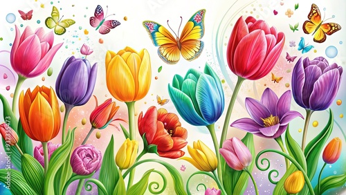 Vibrant, blooming tulips in various colors, surrounded by whimsical, hand-drawn clipart elements, including butterflies, flowers, and swirls, on a soft, white background.