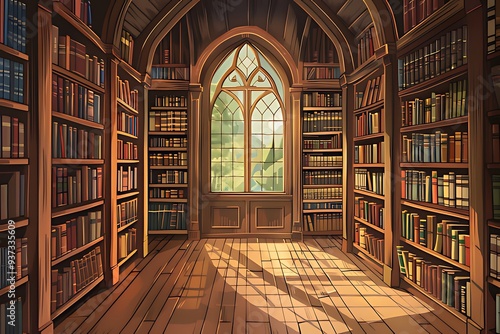 Wooden bookshelves filled with knowledge set the scene for a journey of education and discovery in this library illustration photo