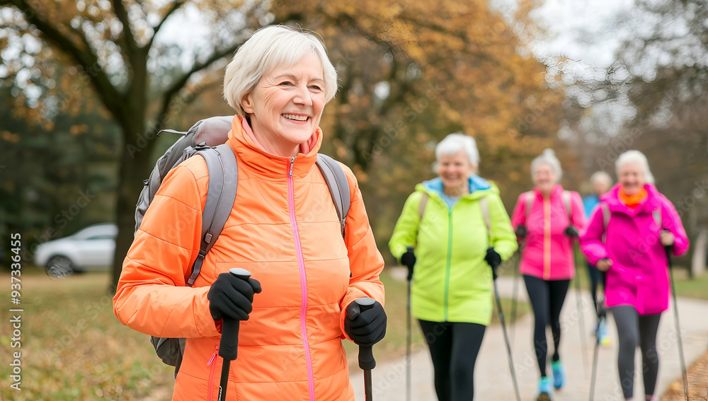 Senior Women Enjoying a Group Hiking Adventure in the Countryside Senior Women Enjoying a Group Hiking Adventure in the Countryside