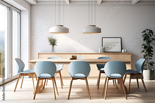 Wooden dining table and blue chairs. Scandinavian home interior design of modern dining room