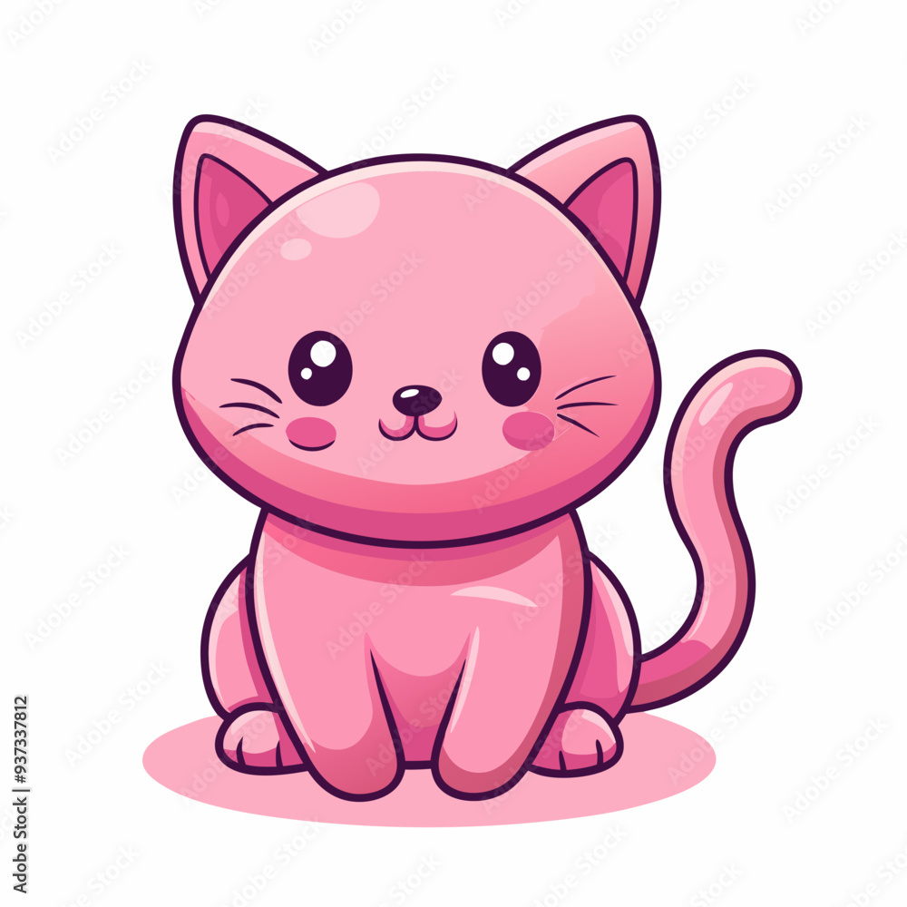 Adorable pink kawaii cat sitting and smiling on white background, perfect for cute and playful designs Adorable pink kawaii cat sitting and smiling on white background, perfect for cute and playful designs