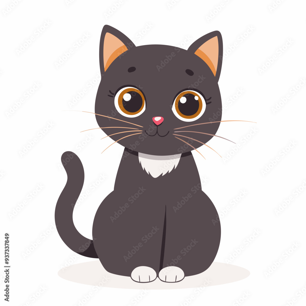 Cartoon illustration of a cute black cat sitting and smiling on white background