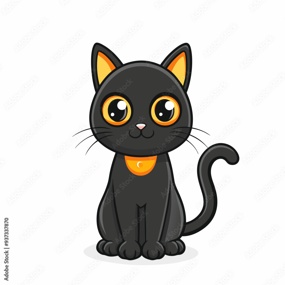 Black cat with big yellow eyes wearing an orange collar with a bell, sitting and looking forward on white background Black cat with big yellow eyes wearing an orange collar with a bell, sitting and looking forward on white background