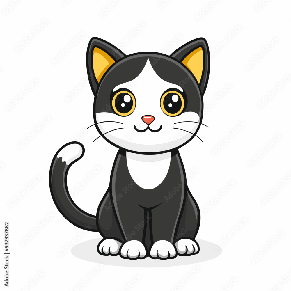 Fototapeta premium Adorable cartoon tuxedo cat sitting with its tail curled and looking ahead with curiosity on white background