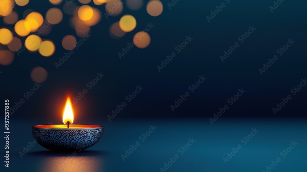 A close-up of a silver diya with intricate patterns glowing brightly on Dhanteras night A close-up of a silver diya with intricate patterns glowing brightly on Dhanteras night