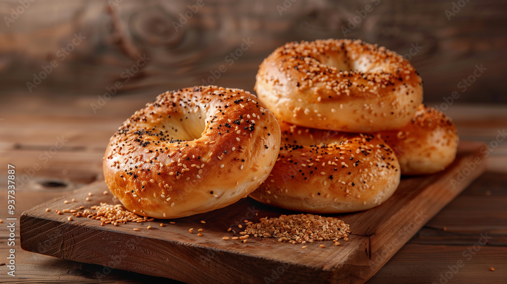 Freshly baked American bagels topped with sesame seeds and poppy seeds on a wooden board Freshly baked American bagels topped with sesame seeds and poppy seeds on a wooden board