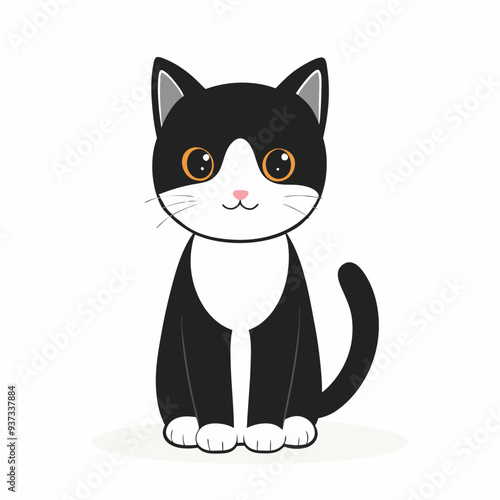 Adorable tuxedo cat with black and white fur sitting and smiling on white background