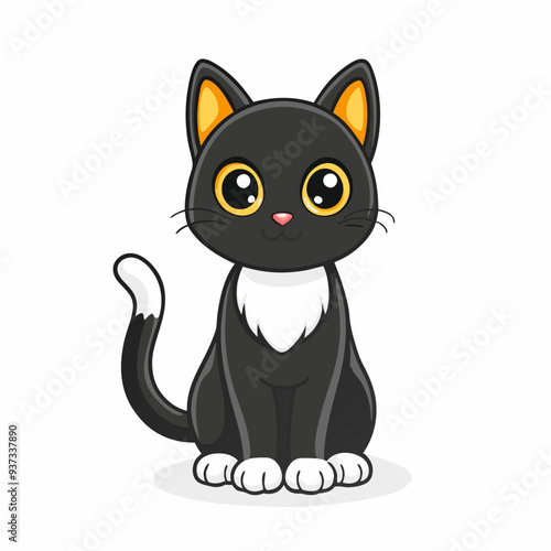 Adorable black and white cartoon kitten on white background with big yellow eyes, a sweet look, and its tail wrapped around its body 