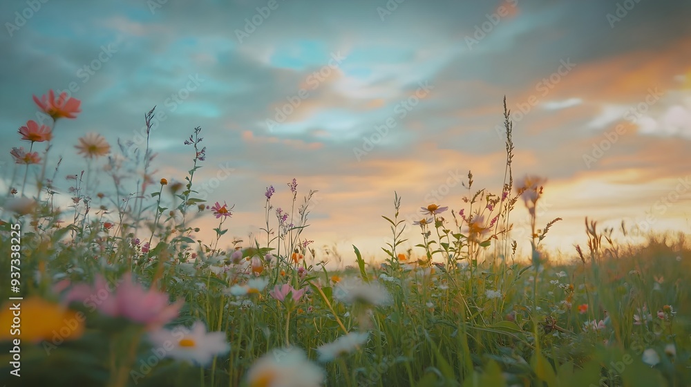 Obraz premium Serene meadow filled with a vibrant array of wildflowers captured at the golden hour of sunrise The soft hazy light creates a dreamy ethereal atmosphere against the expansive blue sky