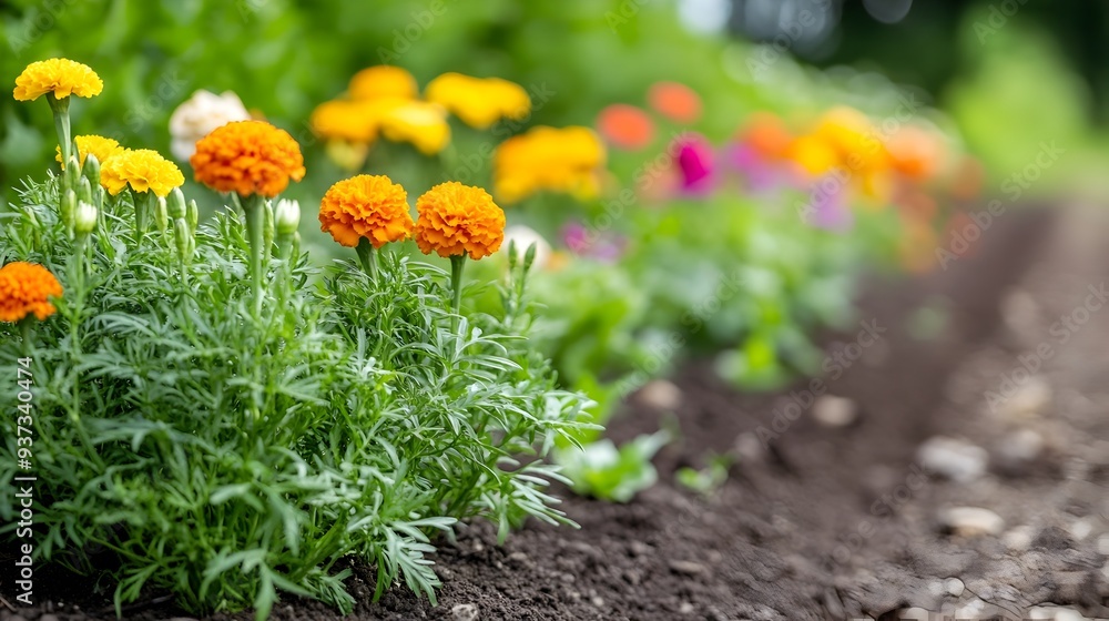 A photograph of a row of colorful marigolds in a lush garden bed showcasing the vibrant petals and foliage The floral arrangement creates a beautiful A photograph of a row of colorful marigolds in a lush garden bed showcasing the vibrant petals and foliage The floral arrangement creates a beautiful