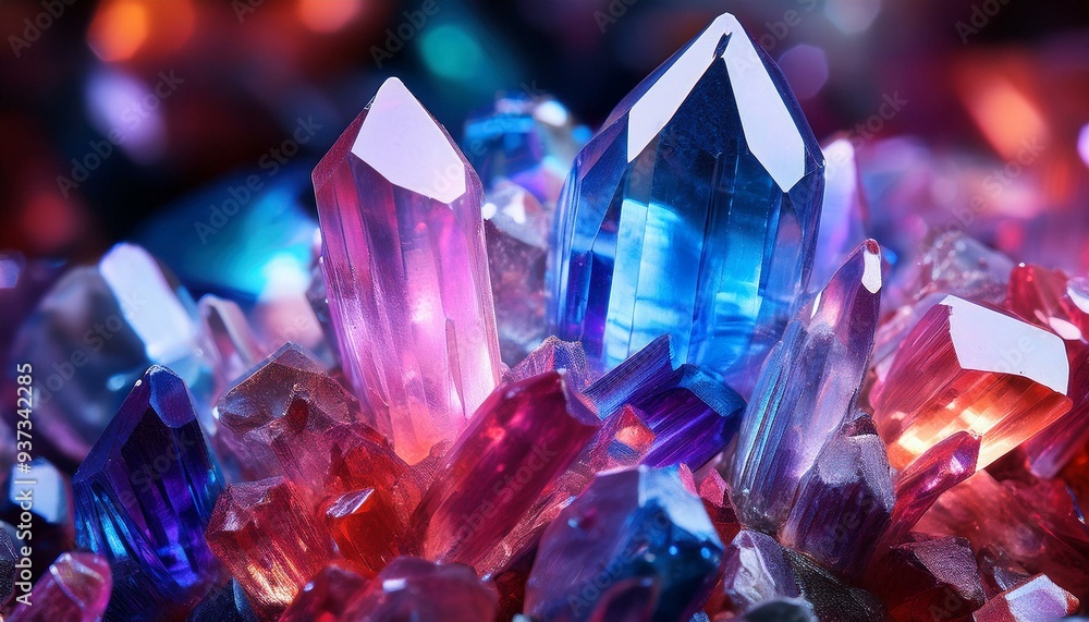 A set of crystals in multiple colors in selective focus; closeup view of beautiful colored crystals A set of crystals in multiple colors in selective focus; closeup view of beautiful colored crystals