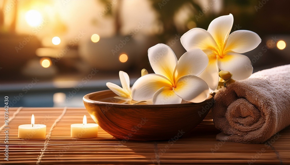 Spa still life with frangipani flowers; meditation and relaxation; relaxing atmosphere at a spa with flowers and burning candles; high end resort with beautiful hotel and pool side relaxation Spa still life with frangipani flowers; meditation and relaxation; relaxing atmosphere at a spa with flowers and burning candles; high end resort with beautiful hotel and pool side relaxation