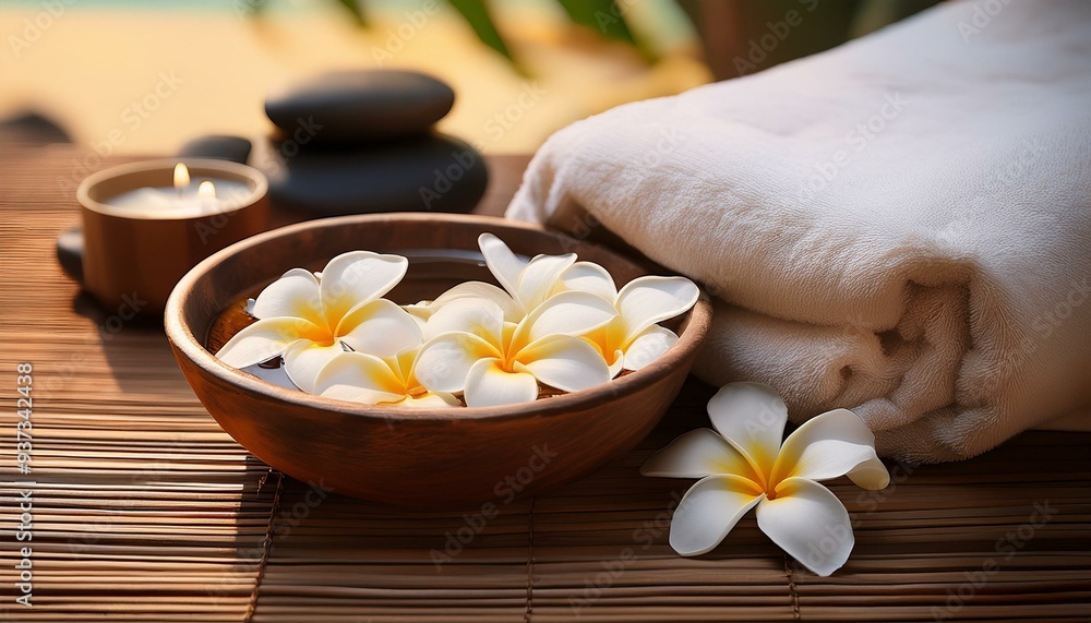 Spa still life with frangipani flowers; meditation and relaxation; relaxing atmosphere at a spa with flowers and burning candles; high end resort with beautiful hotel and pool side relaxation Spa still life with frangipani flowers; meditation and relaxation; relaxing atmosphere at a spa with flowers and burning candles; high end resort with beautiful hotel and pool side relaxation