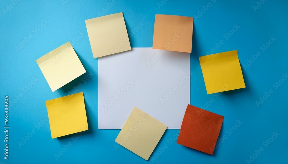 Multicolor posted notes on a blue wall; empty posted notes on a blue color wall at the office; office photography; mockup empty notes for graphics and text Multicolor posted notes on a blue wall; empty posted notes on a blue color wall at the office; office photography; mockup empty notes for graphics and text
