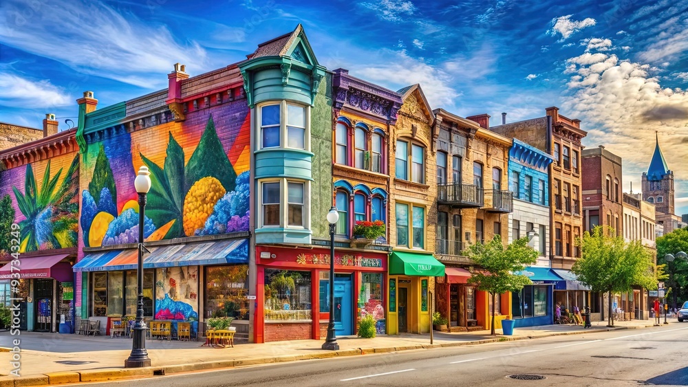 Fototapeta premium Vibrant cityscape of South Side Chicago, with colorful street art, eclectic shops, and historic architecture lining the streets of this diverse and vibrant neighborhood.