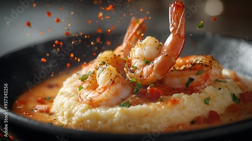 A fresh shrimp and grits half suspended in mid-air, with droplets of sauce glistening on the shrimp and creamy grits, captured in a dynamic moment with splashes surrounding it. Set against a dark,