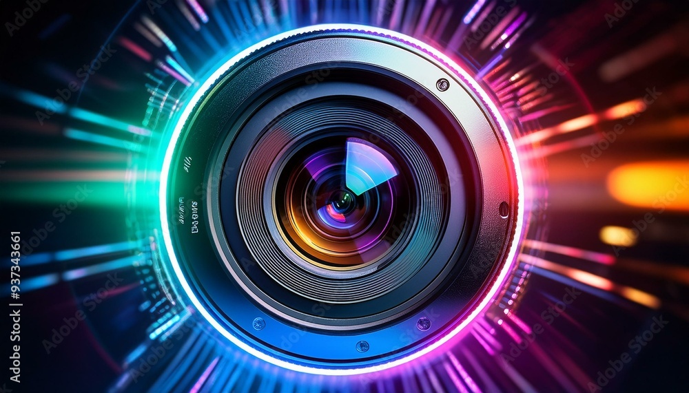 A DSLR digital camera lens close up and neon lights and graphics surrounding the lens; digital photography and camera; focal lense