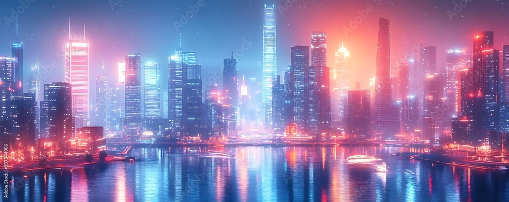 Neon Cityscape with Red and Blue Lights - 3D Illustration Neon Cityscape with Red and Blue Lights - 3D Illustration