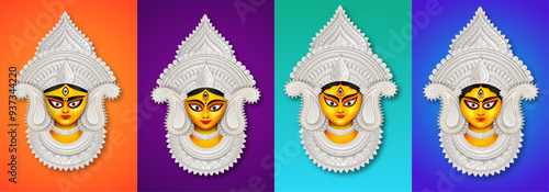 Set of goddess durga face illustration for happy durga puja festival banner design used for offer, discount, sales tags, print, banner, web banner, festival offer, social media post