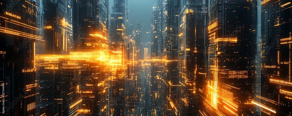 Naklejka premium Cyberpunk Cityscape with Glowing Lines - 3D Illustration
