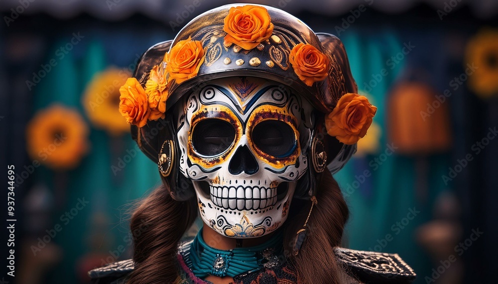 Day of the dead skull wearing a motorcycle helmet with a blurred background; happy halloween and fall festivity; Mexican culture of celebrating the dead and the spirits Day of the dead skull wearing a motorcycle helmet with a blurred background; happy halloween and fall festivity; Mexican culture of celebrating the dead and the spirits