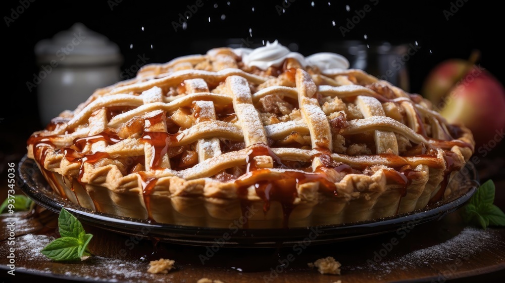 sweet apple pie with white sugar sprinkles on a wooden tray and blurred background sweet apple pie with white sugar sprinkles on a wooden tray and blurred background