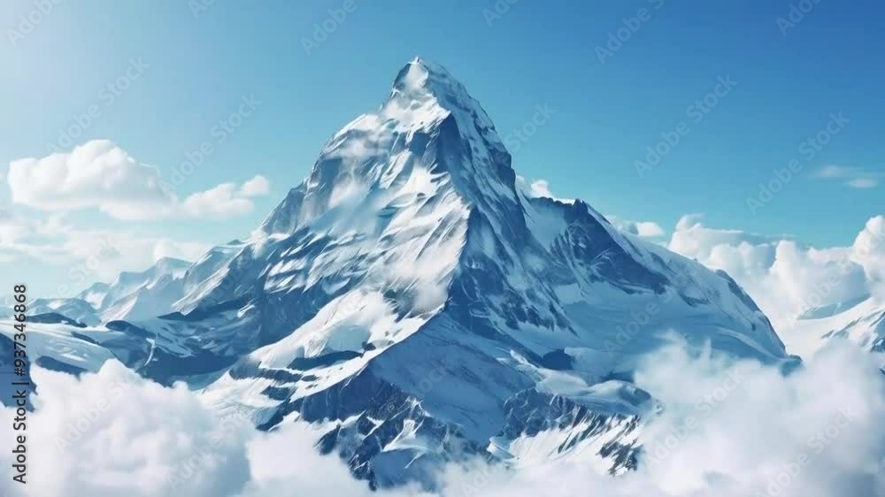 A majestic snow-capped mountain peak under a clear blue sky with fluffy clouds. A majestic snow-capped mountain peak under a clear blue sky with fluffy clouds.