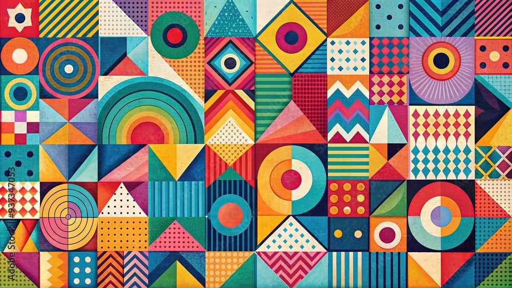 Vibrant colorful geometric shapes, circles, triangles, and squares, overlap and intersect, forming a modern abstract illustrative design with bold lines and playful texture. Vibrant colorful geometric shapes, circles, triangles, and squares, overlap and intersect, forming a modern abstract illustrative design with bold lines and playful texture.