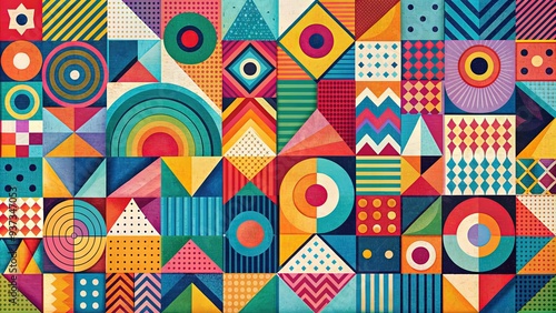 Vibrant colorful geometric shapes, circles, triangles, and squares, overlap and intersect, forming a modern abstract illustrative design with bold lines and playful texture.