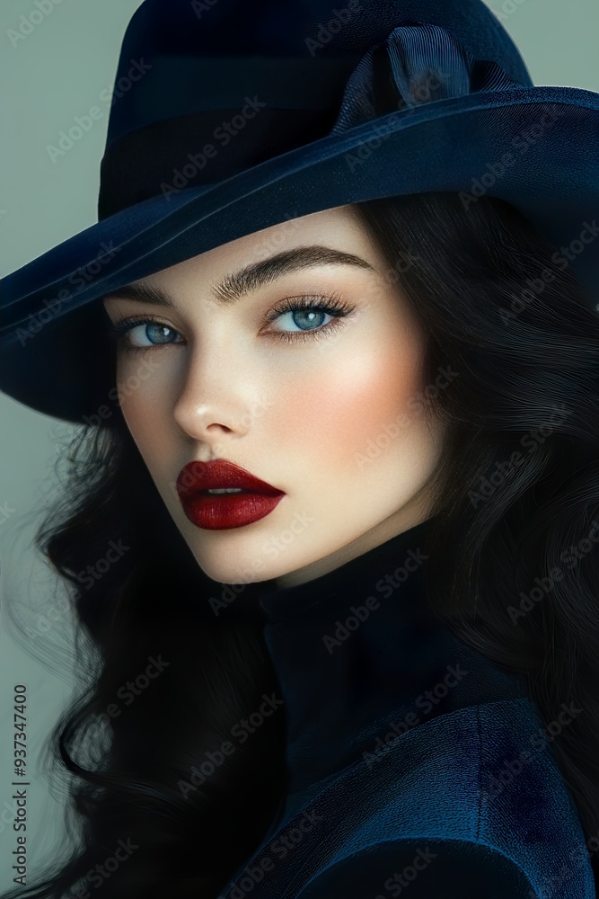 a striking hyper photo realistic woman with long, flowing black hair wearing a stylish, deep blue cloche hat a striking hyper photo realistic woman with long, flowing black hair wearing a stylish, deep blue cloche hat