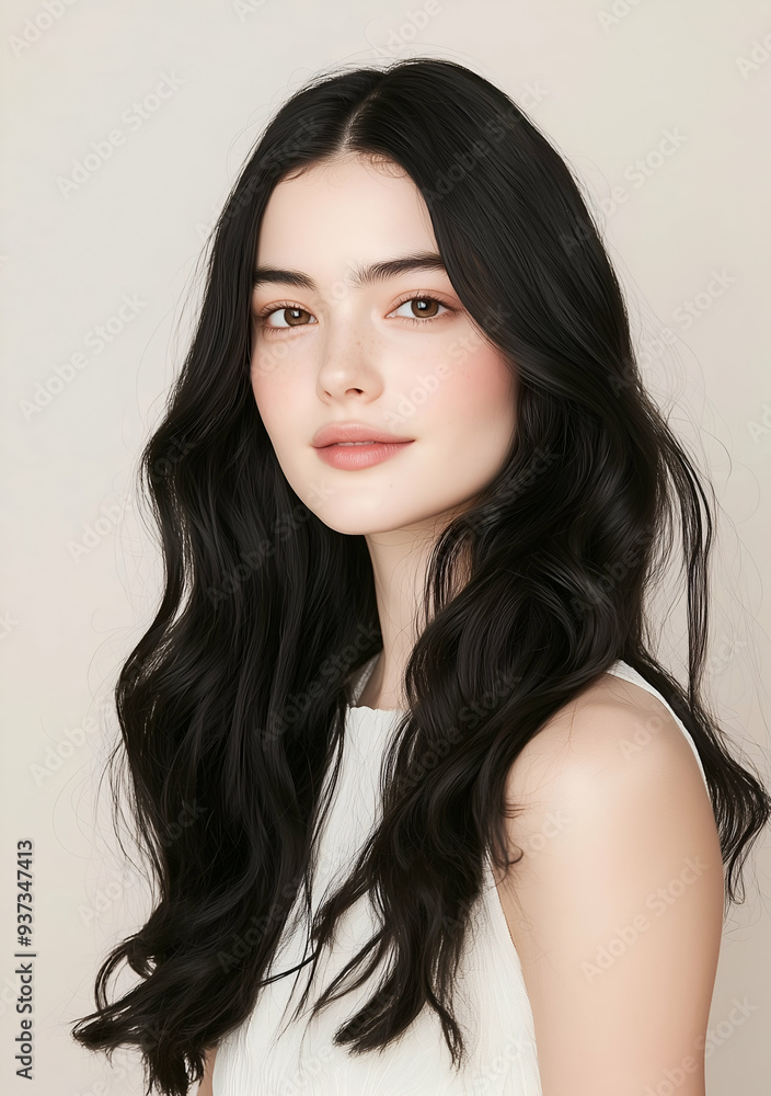 Portrait of a Young Woman with Long Wavy Hair in a White Dress