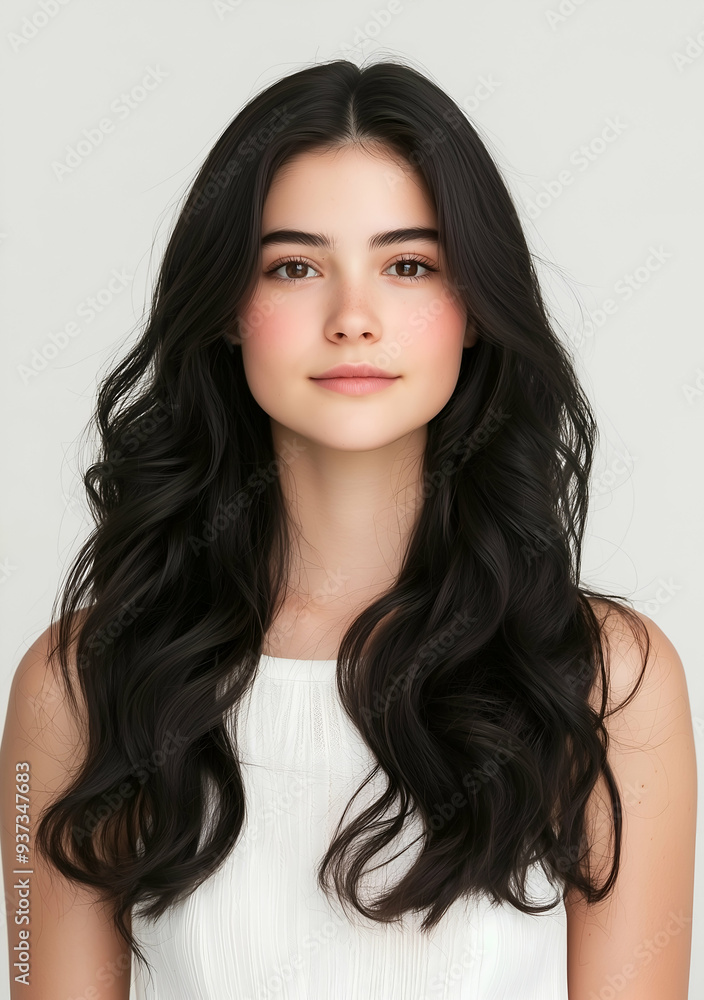 Portrait of a Young Woman with Long Wavy Hair in a White Dress Portrait of a Young Woman with Long Wavy Hair in a White Dress