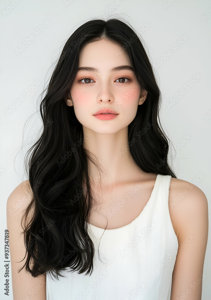 Portrait of a Young Woman with Long Wavy Hair in a White Dress Portrait of a Young Woman with Long Wavy Hair in a White Dress