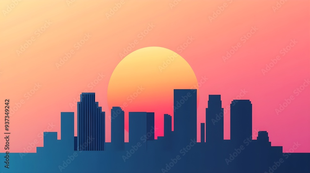 Contemporary city skyline, gradient sunset, sleek silhouette Contemporary city skyline, gradient sunset, sleek silhouette