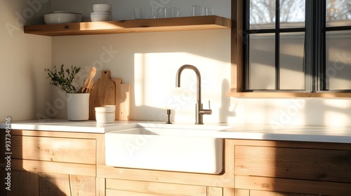 Country kitchen, weathered wood cabinets, antique decor, farmhouse sink, natural light