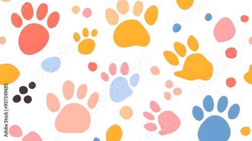 Cute animal paw prints, vibrant pastel colors, seamless pattern