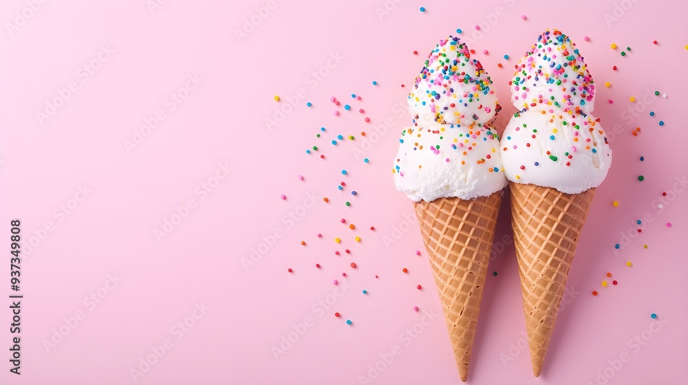 Cute ice cream cones, colorful sprinkles, pastel background Cute ice cream cones, colorful sprinkles, pastel background