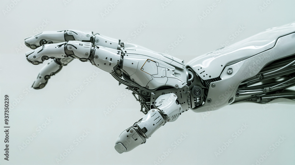 White cyborg robotic hand 3D rendering isolated on white background. , AI generative White cyborg robotic hand 3D rendering isolated on white background. , AI generative