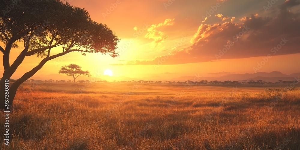 Sunrise over the savanna and grass fields. Sunrise over the savanna and grass fields.